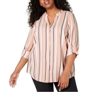 Alfani XL Blush Pink Nude White Black Vertical Stripe Long Sleeve V-Neck Blouse